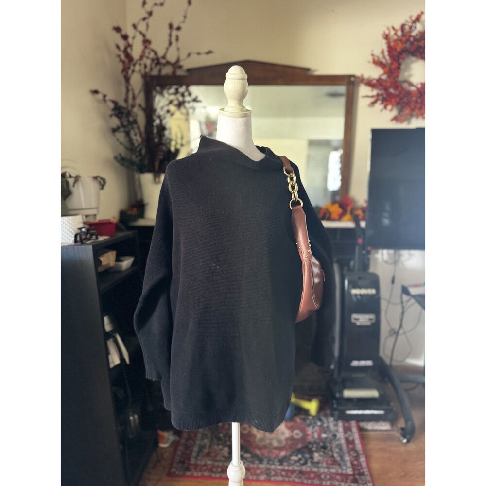 Free People Womens XS Black Oversized Sweater Tunic Mock Neck Slouchy Knit